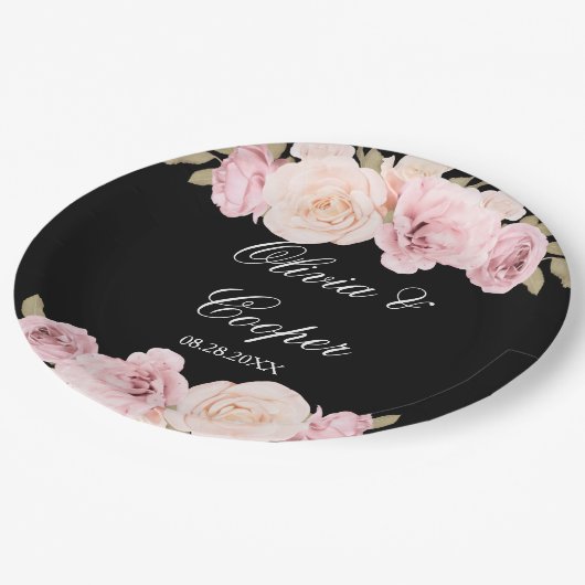 Black and Blush Pink Roses Chic Wedding Papieren Bordje (Gekanteld)