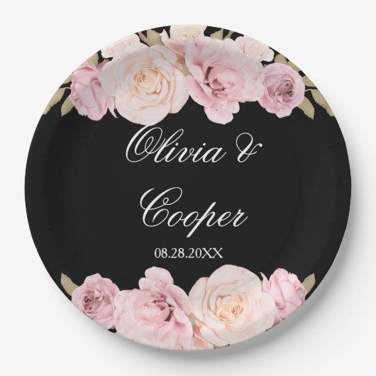 Black and Blush Pink Roses Chic Wedding Papieren Bordje (Voorkant)