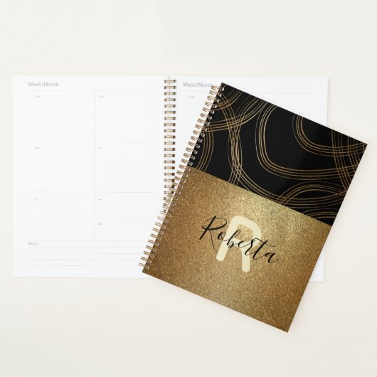 Black and Bronze Glitter Modern Glam Trendy Chic Planner (Display)