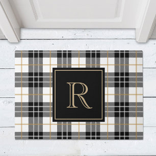Black and Brown Tartan Plaid Family Monogram Deurmat