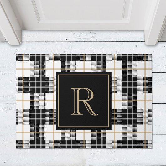 Black and Brown Tartan Plaid Family Monogram Deurmat