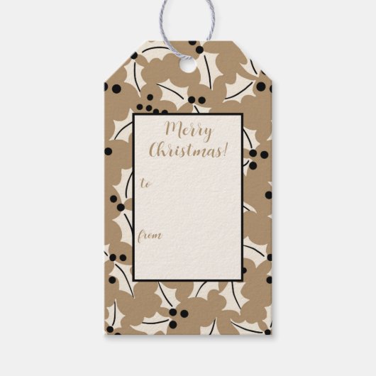 Black and Cream Holly Christmas Gift Label Cadeaulabel (Voorkant)