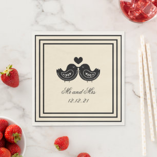 Black and Cream Swedish Love Bird Wedding Napkins Servet