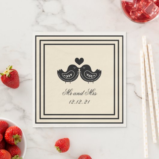 Black and Cream Swedish Love Bird Wedding Napkins Servet (Insitu)