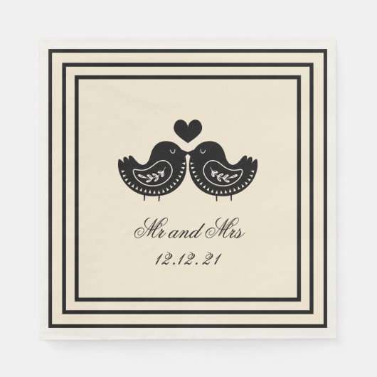 Black and Cream Swedish Love Bird Wedding Napkins Servet (Voorkant)