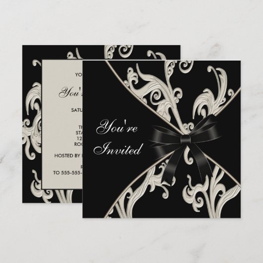 Black and Cream Swirl Party Uitnodigingen (Voorkant / Achterkant)