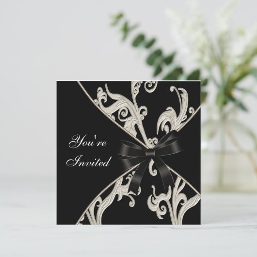 Black and Cream Swirl Party Uitnodigingen (Staand voorkant)