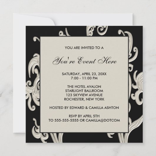 Black and Cream Swirl Party Uitnodigingen (Achterkant)