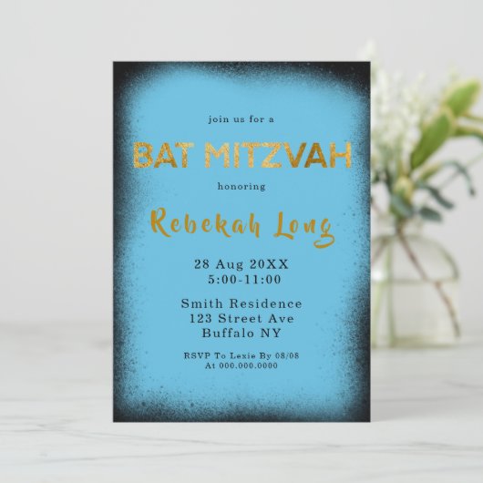 Black and Cyan Blue Smoke Bat Mitzvah Invitations (Staand voorkant)