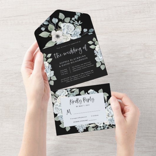 Black and Dusty Blue Floral | Waterverf bruiloft All In One Uitnodiging (Afscheurbaar)