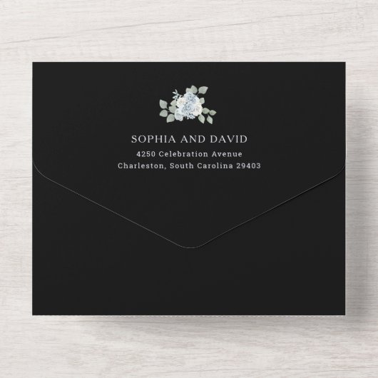 Black and Dusty Blue Floral | Waterverf bruiloft All In One Uitnodiging (Achterkant)