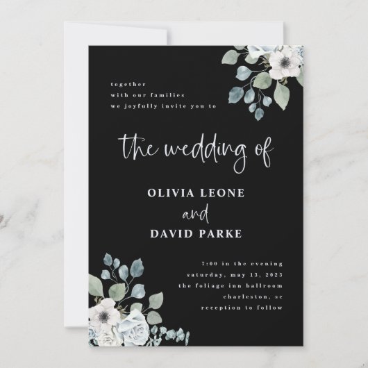 Black and Dusty Blue Floral | Waterverf bruiloft Kaart (Voorkant)