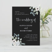 Black and Dusty Blue Floral | Waterverf bruiloft Kaart (Staand voorkant)