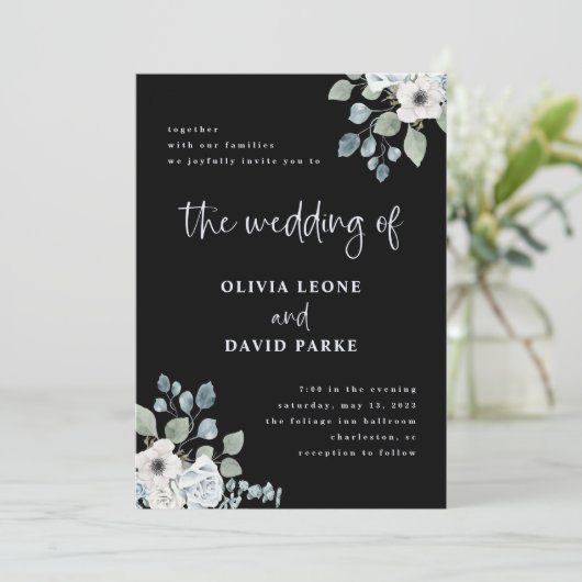 Black and Dusty Blue Floral | Waterverf bruiloft Kaart (Staand voorkant)