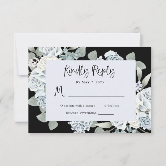 Black and Dusty Blue Floral | Waterverf bruiloft RSVP Kaartje (Voorkant)