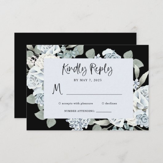 Black and Dusty Blue Floral | Waterverf bruiloft RSVP Kaartje (Voorkant / Achterkant)