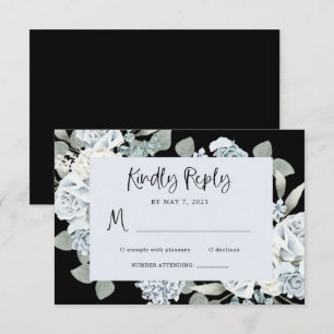Black and Dusty Blue Floral   Waterverf bruiloft RSVP Kaartje