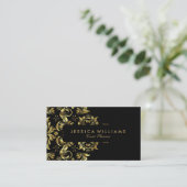 Black and Faux Gold Floral Lace Visitekaartje (Staand voorkant)