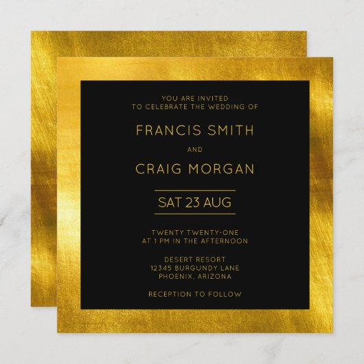 Black and Faux Gold Foil Modern Wedding Kaart (Voorkant / Achterkant)