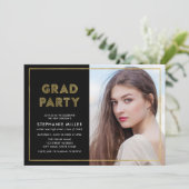 Black and Faux Gold Geometric Photo Afstudeerder P Kaart (Staand voorkant)