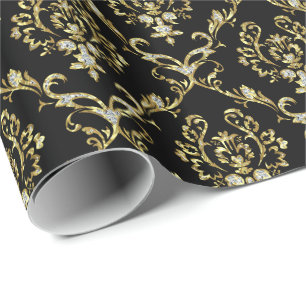 Black and Faux Gold Glitter Floral Damaskers Cadeaupapier