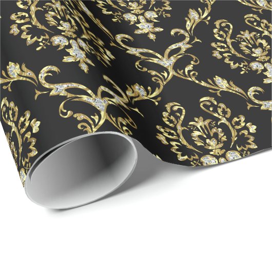 Black and Faux Gold Glitter Floral Damaskers Cadeaupapier (Rol Hoek)