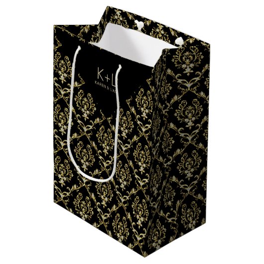Black and Faux Gold Glitter Floral Damaskers Medium Cadeauzakje (Voorkant Gekanteld)