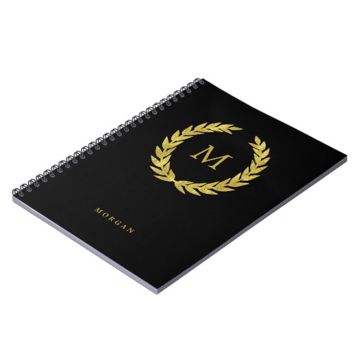 Black and Faux Gold Laurel Wreated met Initiaal Notitieboek (Linkerzijde)