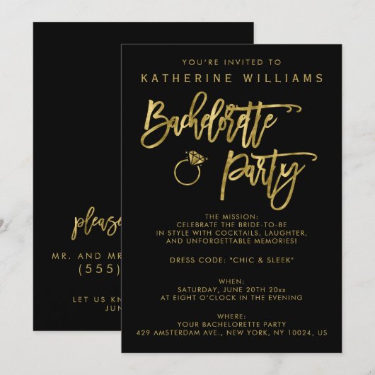 Black and Faux Gold vrijgezellenfeest uitnodiging (Voorkant / Achterkant)
