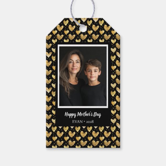 Black and Faux Golden Folie Hearts Moederdag Cadeaulabel (Voorkant)