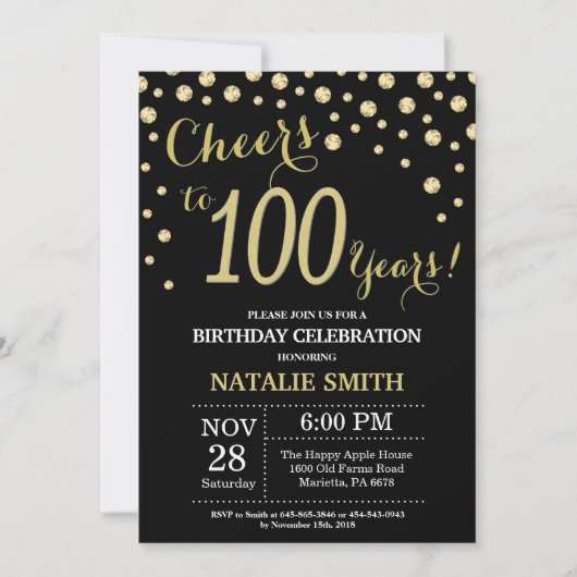 Black and Gold 100th Birthday Diamond Invitation Kaart (Voorkant)
