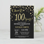 Black and Gold 100th Birthday Diamond Invitation Kaart (Staand voorkant)