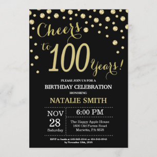 Black and Gold 100th Birthday Diamond Invitation Kaart