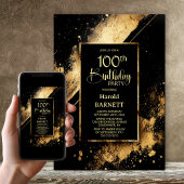 Black and Gold 100th Birthday Party Kaart
