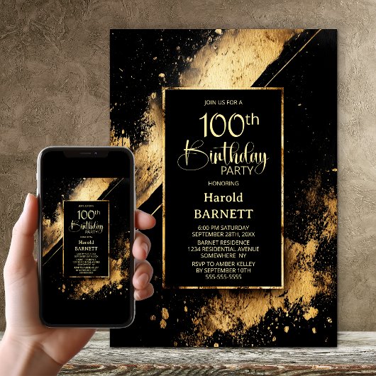 Black and Gold 100th Birthday Party Kaart