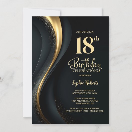 Black and Gold 18th Birthday Party Kaart (Voorkant)