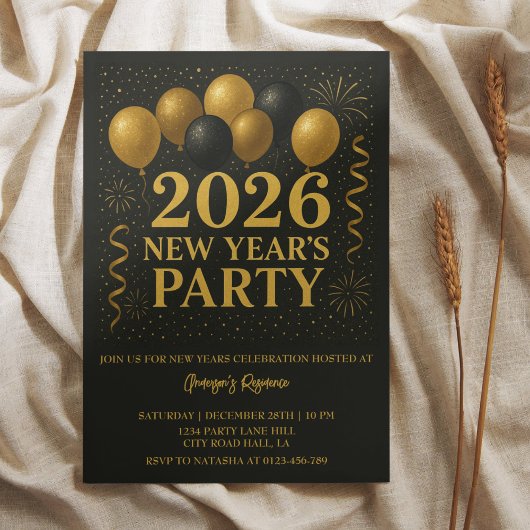 Black And Gold 2026 New Year Party Kaart