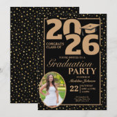 Black and Gold 2026 Photo Graduation Invitation Kaart (Voorkant / Achterkant)