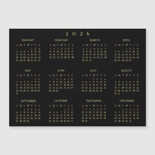 Black and Gold 2026 Yearly Calendar Magnetic Card (Voorkant)