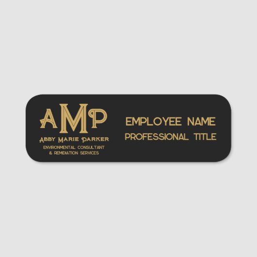Black and Gold 3 Letter Monogram Business Employee Naamplaatje (Voorkant)