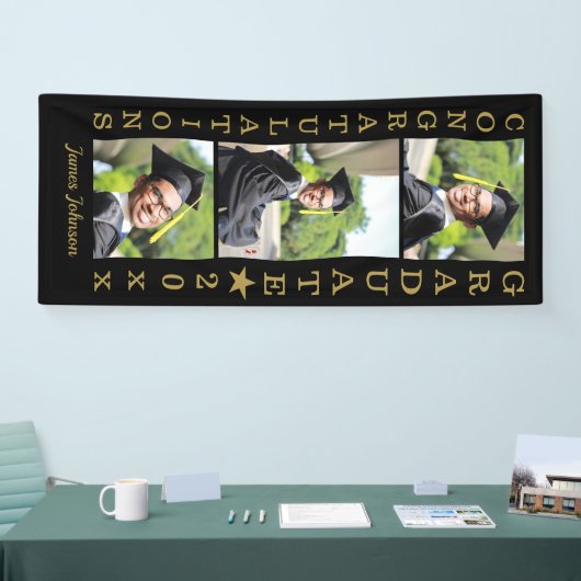 Black and Gold 3 Photo Congrats 2022 Afstuderen Spandoek (Beurs)