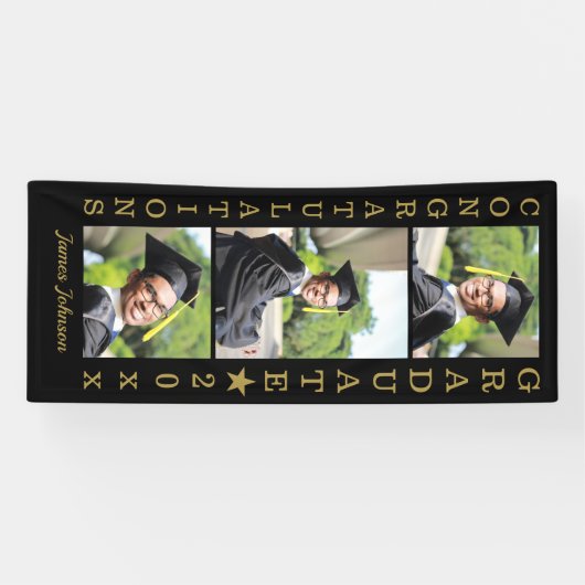 Black and Gold 3 Photo Congrats 2022 Afstuderen Spandoek (Horizontaal)