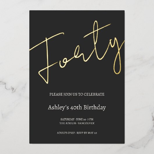 Black and Gold 40th Birthday Celebration Folie Uitnodiging (Voorkant)