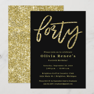 Black and Gold 40th Birthday Invitation Sjabloon Kaart