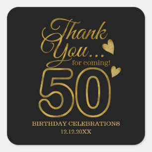 Black and Gold 50th Birthday Hartelijk dank Vierkante Sticker