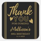 Black and Gold 50th Birthday Hartelijk dank Vierkante Sticker (Voorkant)