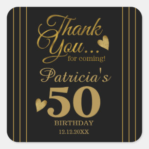 Black and Gold 50th Birthday Party Hartelijk dank Vierkante Sticker