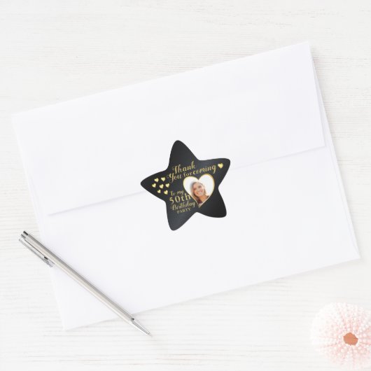 Black and Gold 50th Birthday Photo Thank You Ster Sticker (Envelop)