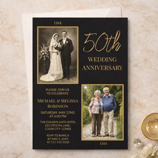 Black and Gold 50th Wedding Anniversary Design Kaart