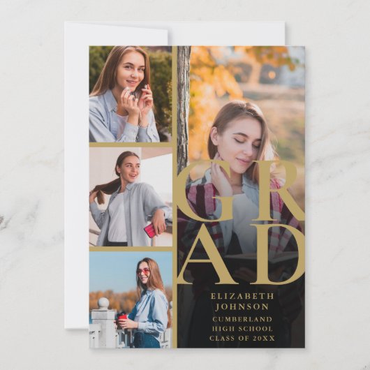 Black and Gold 5 Foto Afstuderen Aankondiging (Voorkant)